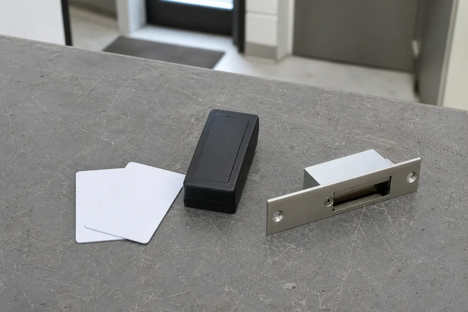 Detached card reader, two plain cards and an electric-strike component on a service bench. — Access Control Installation, Cobourg