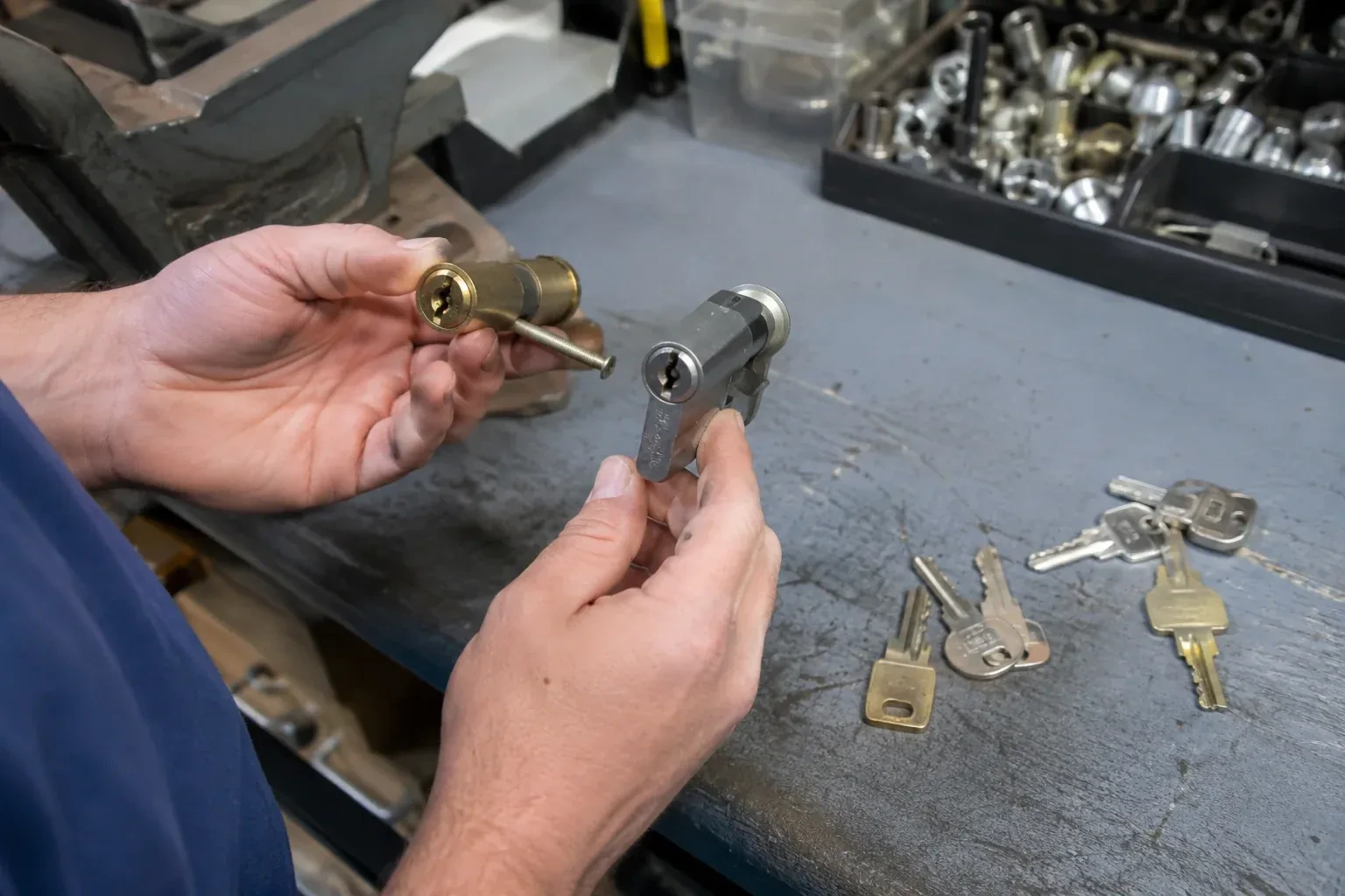 Hands comparing detached lock cylinders beside loose keys on a workbench. — Broken Key Extraction, Norham