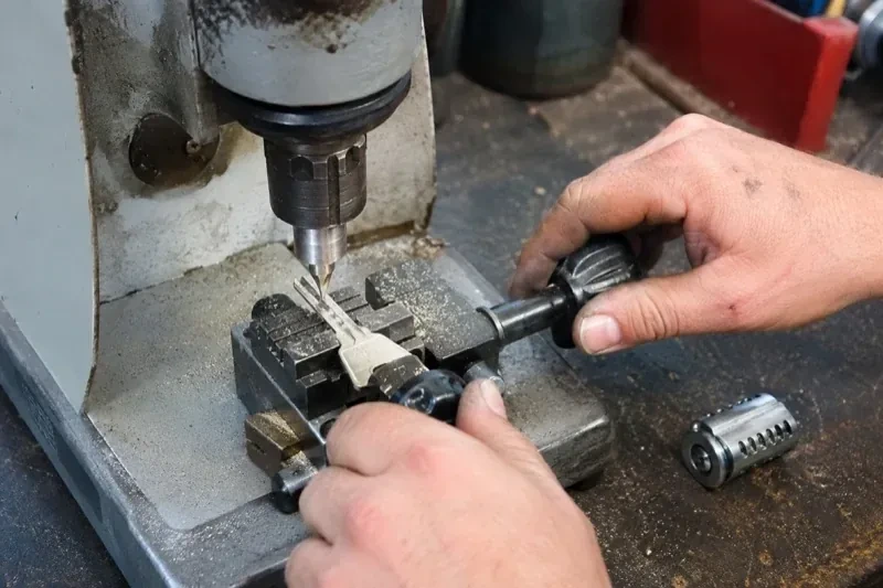 Hands operating a bench-mounted machine with a key clamped beneath a vertical cutter and a loose lock cylinder nearby. — Car Key Replacement, Cobourg