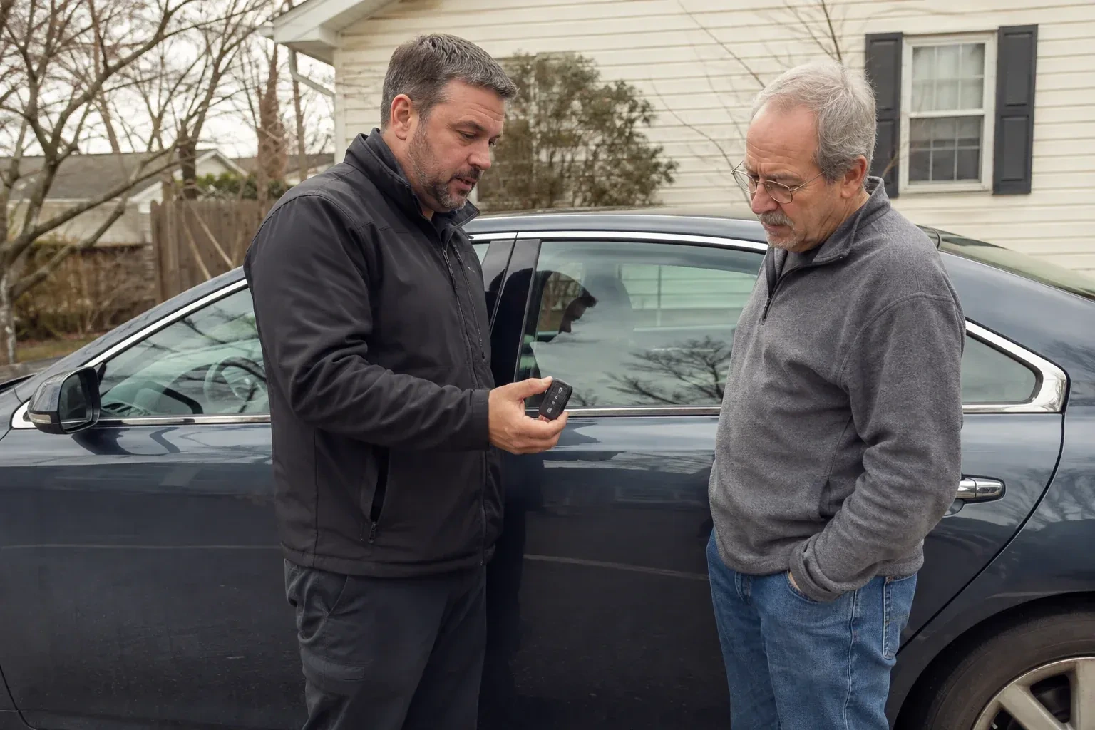 Two people beside a dark sedan, one holding up a black key fob. — Car Lockout Service, Cobourg