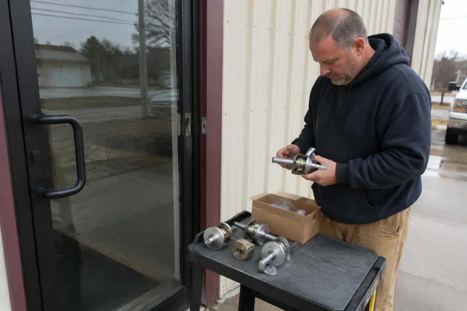 Person holding a door-handle assembly beside a glazed entrance, with more handle and lock components on a cart. — Commercial-Grade Lock Replacement, Cobourg