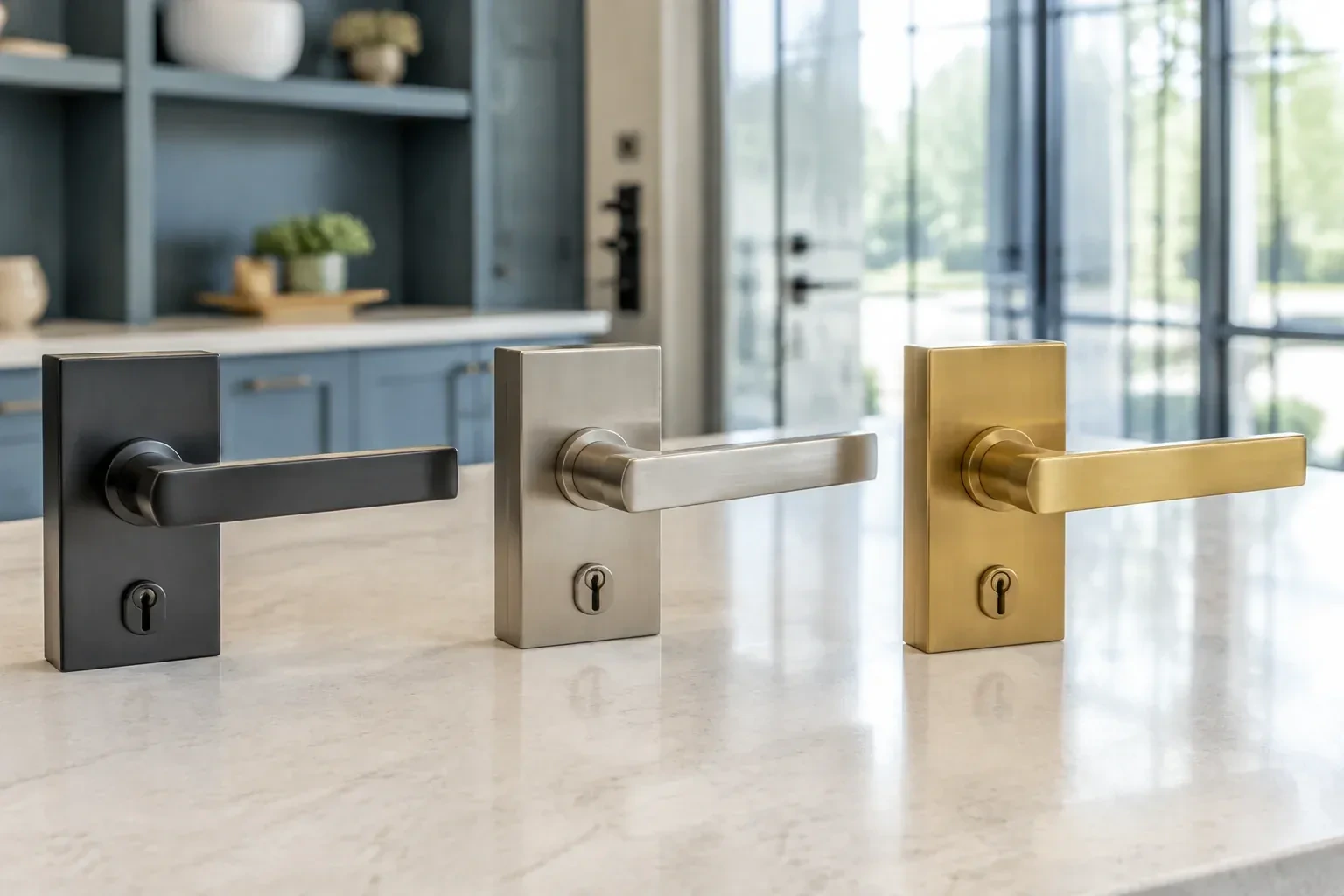 Three rectangular door-handle sets with keyholes in black, silver-colored and gold-colored finishes standing on a countertop. — Commercial Rekeying, Cobourg