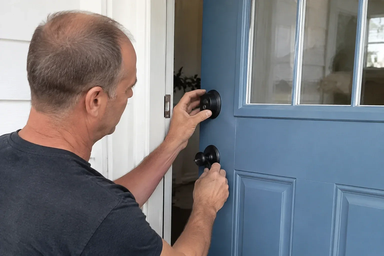 Person holding the black deadbolt and doorknob of a partly open blue front door. — Deadbolt Installation, Cobourg