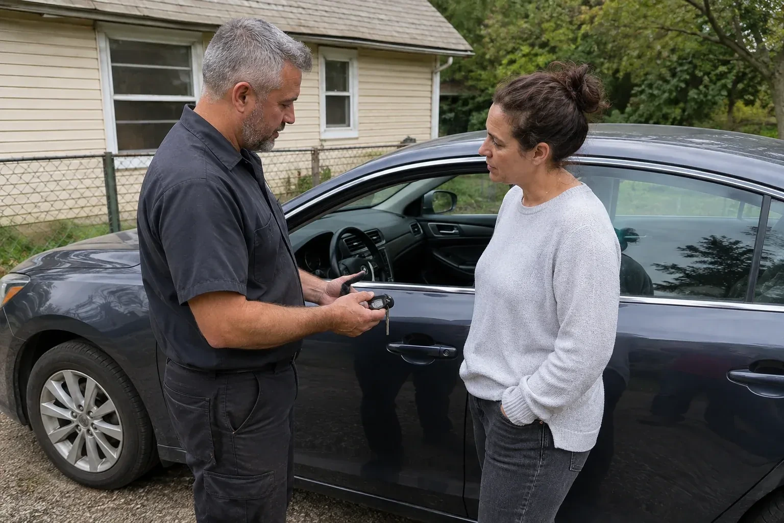 Two people standing beside a car with its window lowered, one holding a key and black key fob. — Ignition Lock Repair, Cobourg