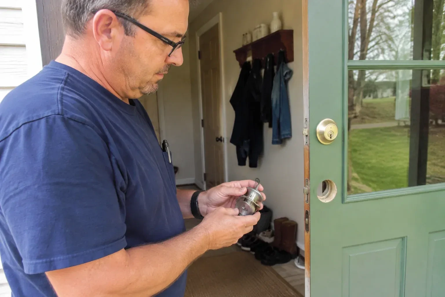 Person holding a cylindrical door-lock assembly beside an open green glazed door with its lower lock opening exposed. — Seized & Jammed Lock Opening, Cobourg