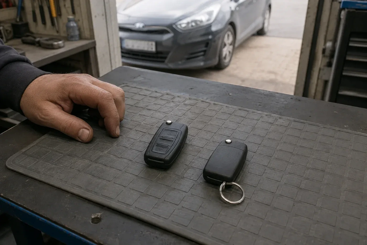 Two vehicle remote fobs on a work mat beside a technician’s hand, with a parked car beyond. — Key Fob Programming, Cobourg
