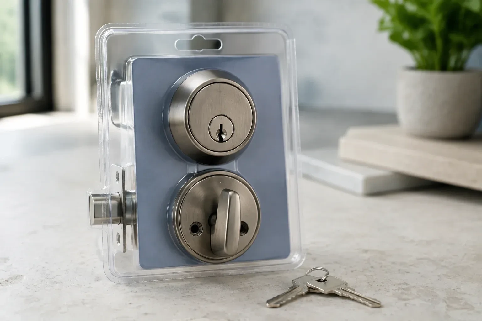 A silver-colored deadbolt set in clear packaging with two keys resting on the countertop in front. — Lock Rekeying, Cobourg