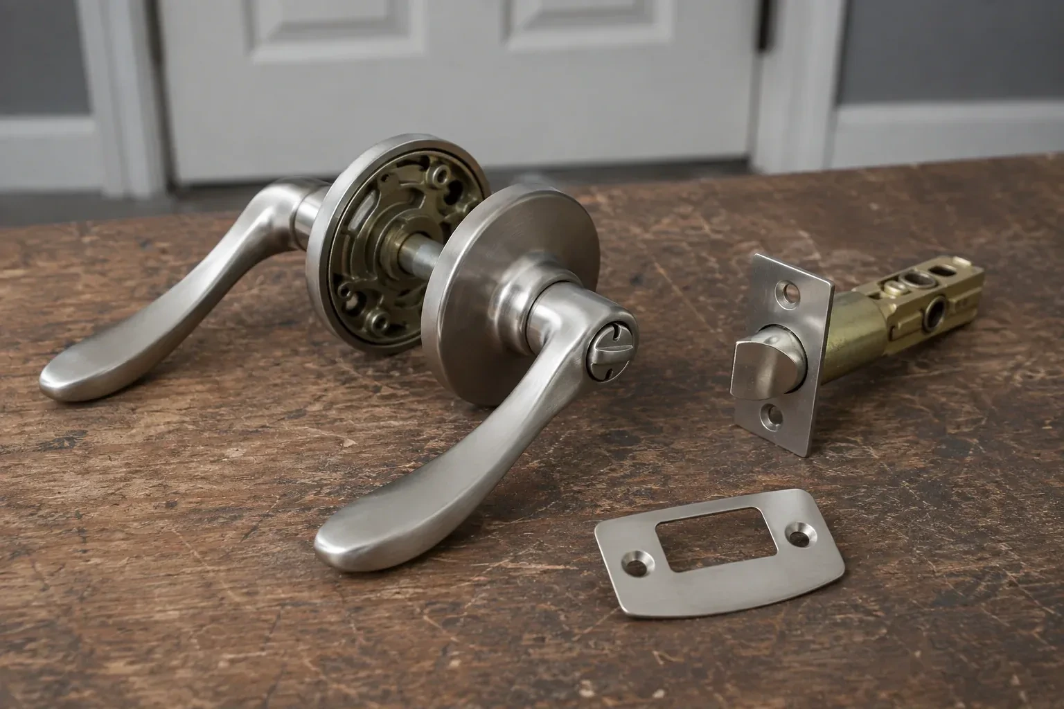 Detached satin-nickel lever hardware, tubular latch and strike plate on a wooden workbench. — Lock Replacement & Upgrade, Cobourg