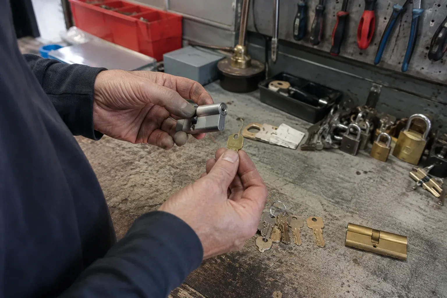 Hands holding a silver-colored lock cylinder and a brass-colored key above a workbench with padlocks, keys and tools. — Master Key System Design, Cobourg