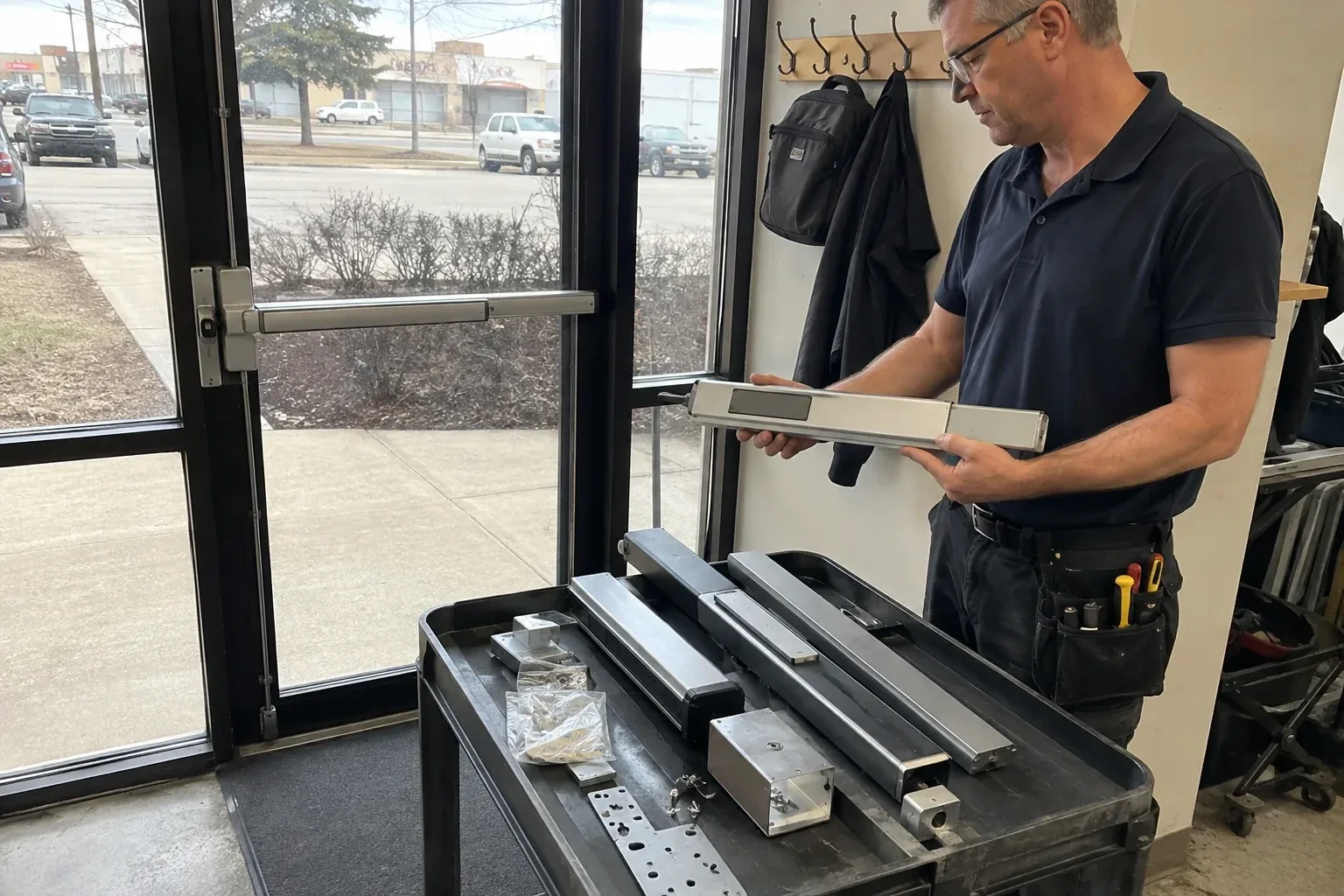 Person holding a long metal door-hardware assembly beside a cart of similar parts and a glass door fitted with a push bar. — Panic & Exit Hardware, Cobourg