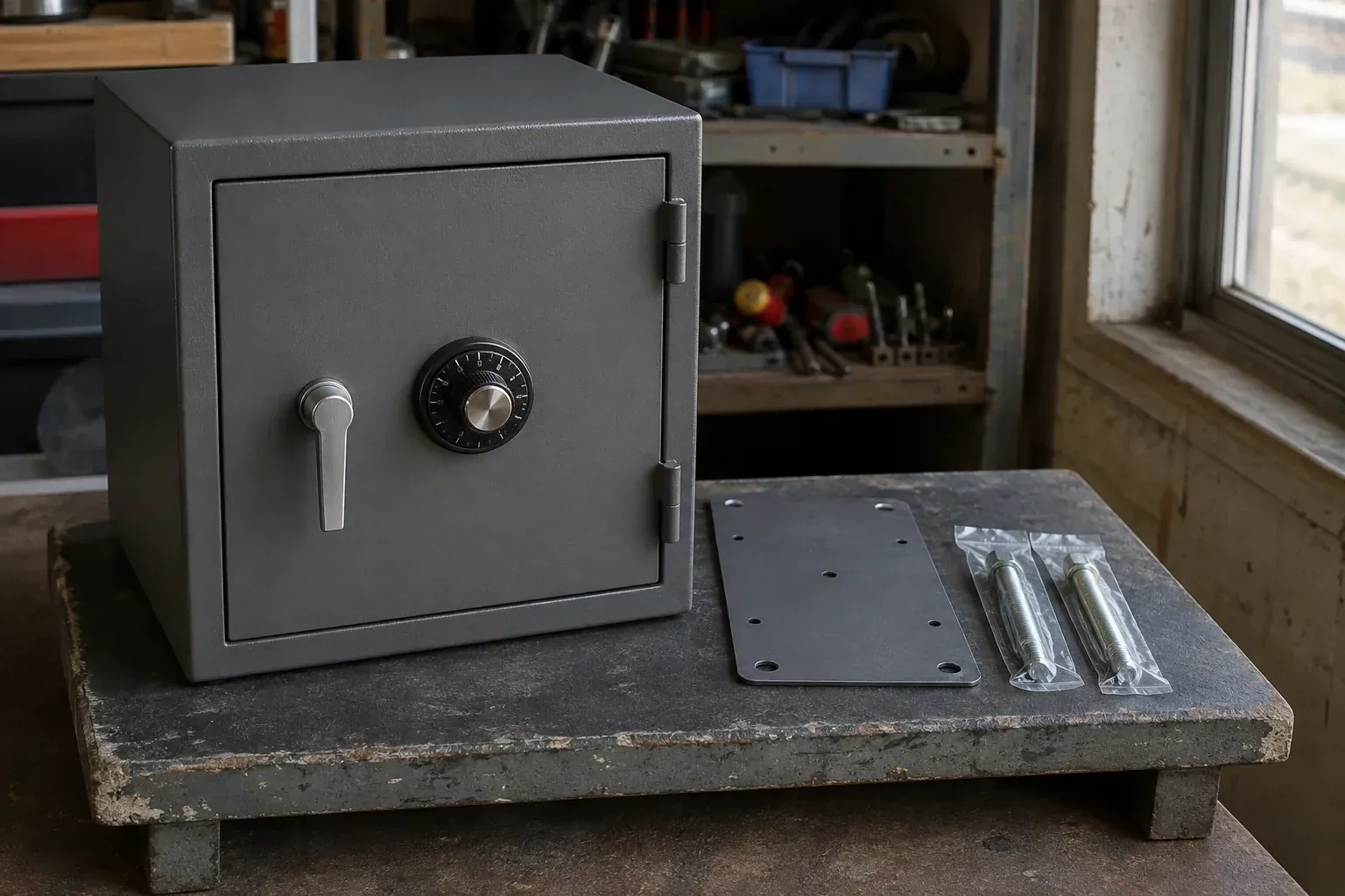 Closed small safe beside a metal plate and packaged fasteners on a workshop bench. — Safe Installation & Servicing, Cobourg