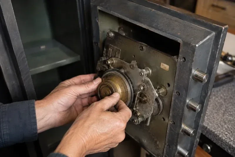 Hands holding a round metal component against the exposed mechanism inside an open safe door. — Safe Opening & Combination Change, Cobourg