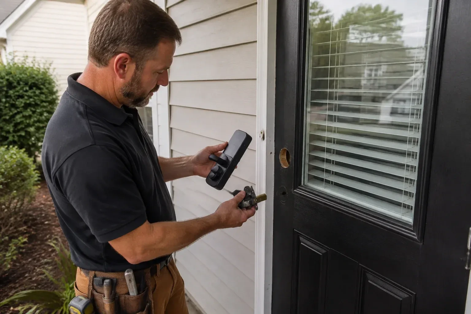 Person holding a black door-handle assembly and a latch beside a glazed door with exposed lock openings. — Smart Lock Installation, Cobourg