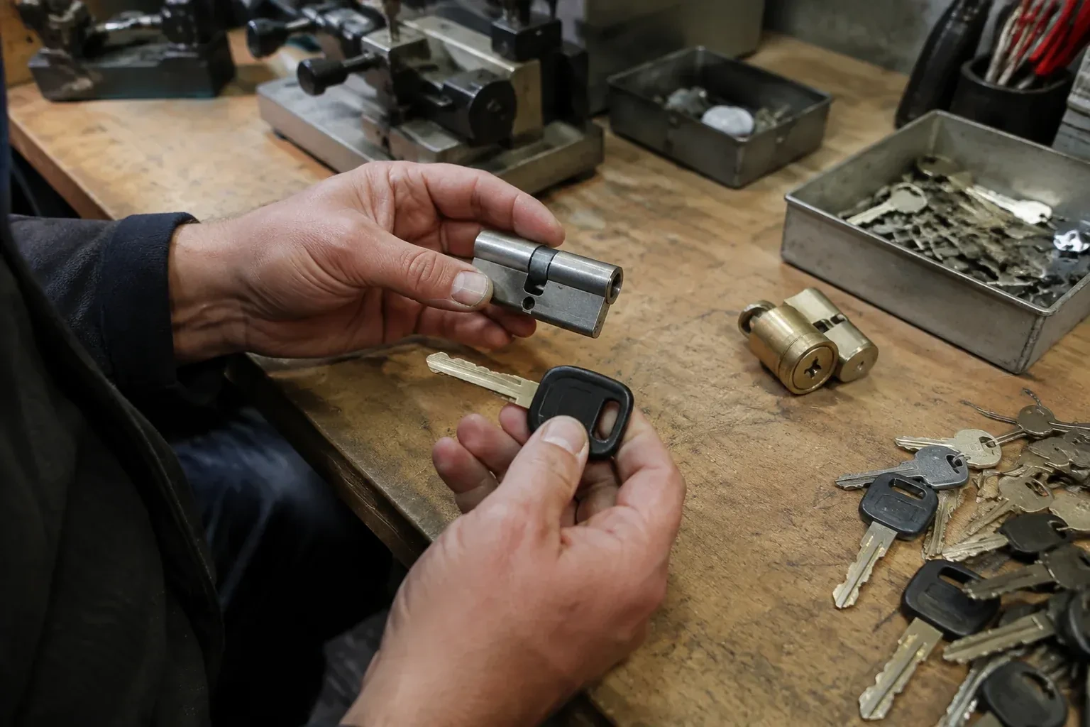 Hands holding a silver-colored lock cylinder and a black-headed key above a workbench with loose keys and another cylinder. — Spare Car Key Duplication, Cobourg
