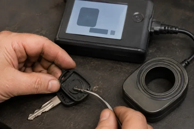 Hands using tweezers at an opened car-key head beside a small electronic unit and a ring-shaped accessory. — Transponder Key Programming, Cobourg